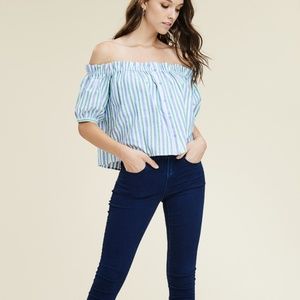 HESPERUS / Off the Shoulder Stripe Button Crop Top